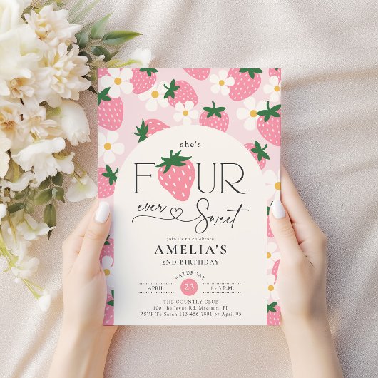 Strawberry 4th Birthday Four Ever Sweet Pink 招待状