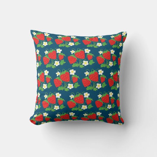 Strawberry and Flower Blue Pattern クッション (正面)