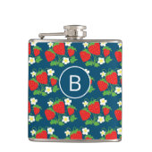 Strawberry and Flower Blue Pattern Monogrammed フラスク (正面)