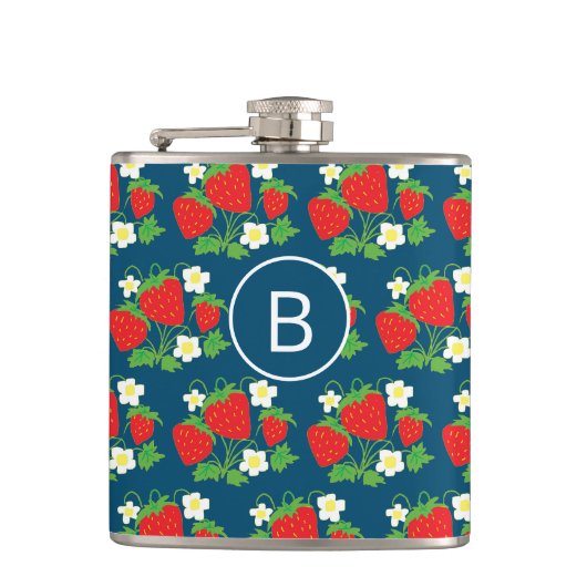 Strawberry and Flower Blue Pattern Monogrammed フラスク (正面)