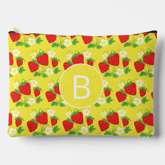 Strawberry and Flower Yellow Pattern Monogrammed アクセサリーポーチ (正面)