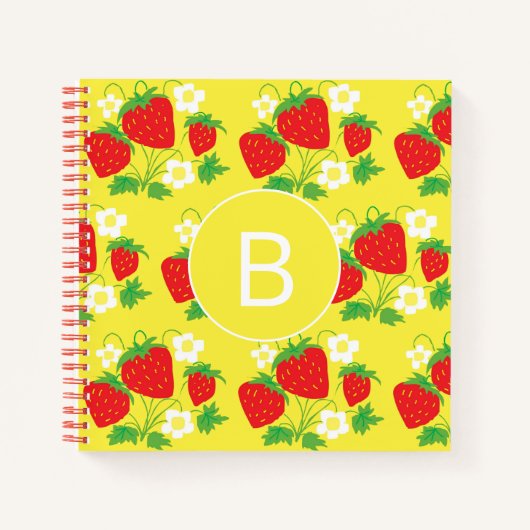 Strawberry and Flower Yellow Pattern Monogrammed ノートブック (正面)