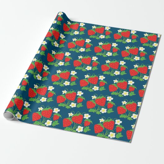Strawberry and Flowers Pattern Blue ラッピングペーパー (アンロールド)