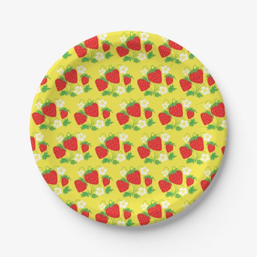 Strawberry and Flowers Pattern Yellow ペーパープレート (正面)