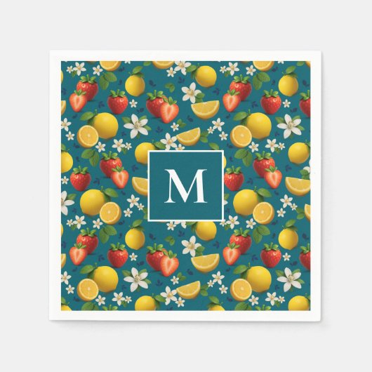 Strawberry and Lemon Blossom Design on Blue スタンダードカクテルナプキン (正面)