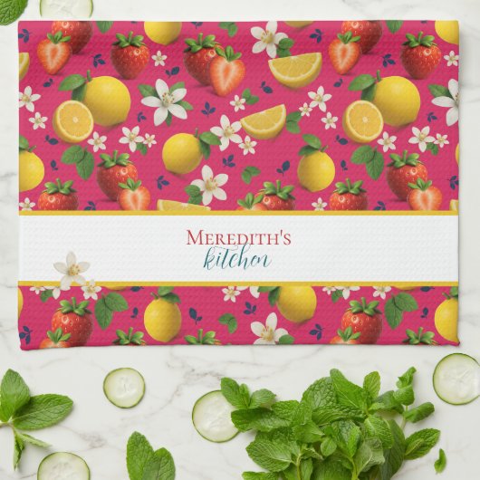 Strawberry and Lemon Botanical Pattern キッチンタオル (折り畳み)