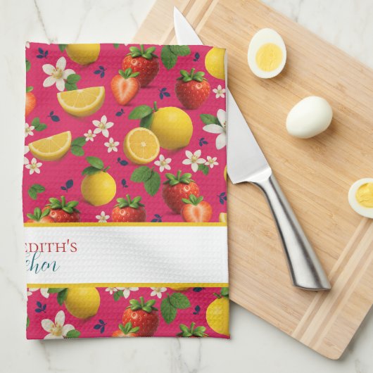 Strawberry and Lemon Botanical Pattern キッチンタオル (四つ折り)