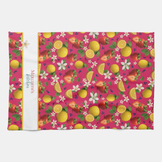 Strawberry and Lemon Botanical Pattern キッチンタオル (横)