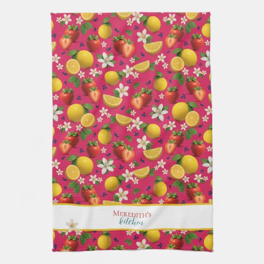 Strawberry and Lemon Botanical Pattern キッチンタオル (縦)