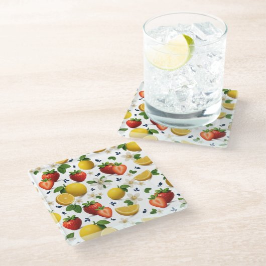 Strawberry and Lemon Fresh Fruit Design ガラスコースター (アングル)