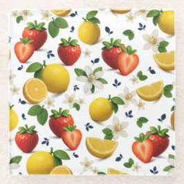 Strawberry and Lemon Fresh Fruit Design ガラスコースター