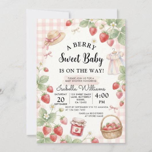 Strawberry baby shower Invite First Berry Sweet 招待状 (正面)