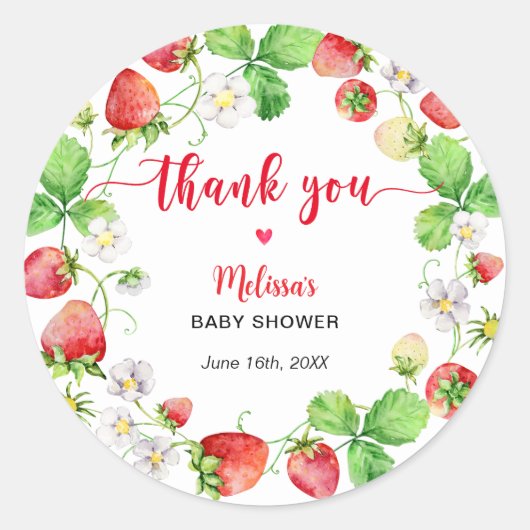 Strawberry Baby Shower Thank You ラウンドシール (正面)
