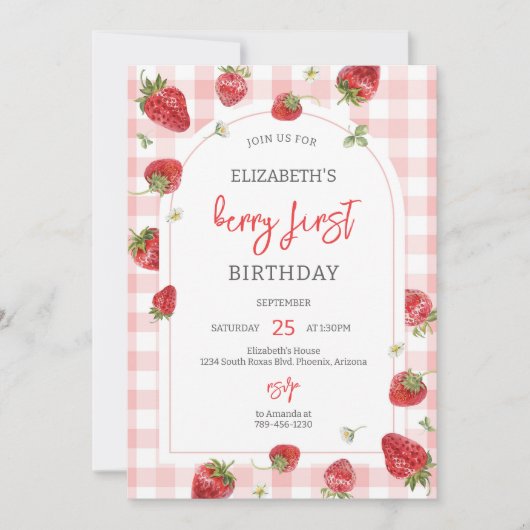 Strawberry Berry First 1st Birthday Invitation 招待状 (正面)