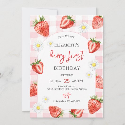 Strawberry Berry First 1st Birthday Invitation 招待状 (正面)