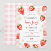 Strawberry Berry First 1st Birthday Invitation 招待状 (正面/裏面)