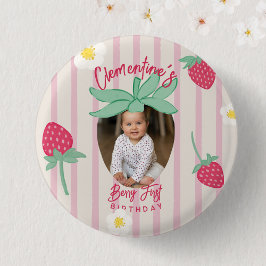 Strawberry Berry First Birthday Button with Photo 缶バッジ