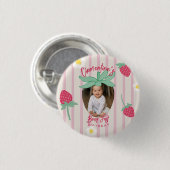 Strawberry Berry First Birthday Button with Photo 缶バッジ (正面&裏面)