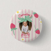 Strawberry Berry First Birthday Button with Photo 缶バッジ (正面)