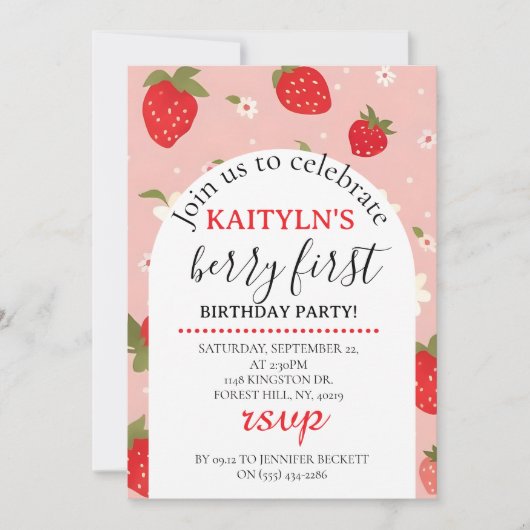 Strawberry Berry First Birthday Invitation 招待状 (正面)