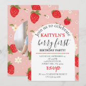 Strawberry Berry First Birthday Invitation 招待状 (正面/裏面)