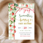 Strawberry Berry First Birthday Invitation 招待状<br><div class="desc">Strawberry Berry First Birthday Invitation,  Pink Gingham Bow Birthday Invite,  Sage Green Gingham 1st Birthday Invite</div>