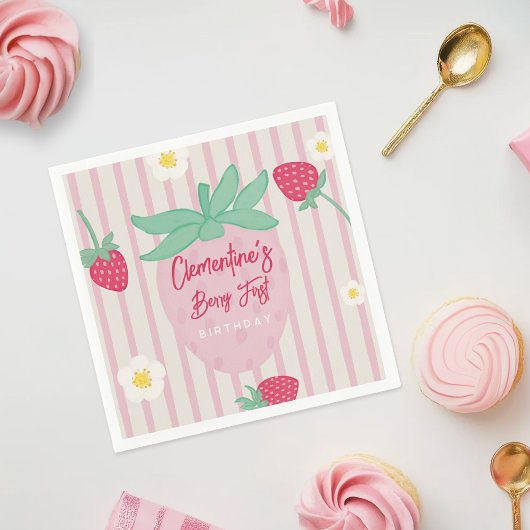 Strawberry Berry First Birthday Paper Napkins スタンダードカクテルナプキン