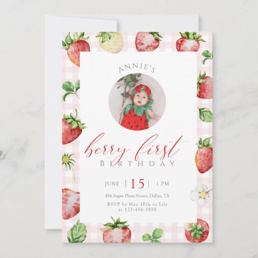Strawberry Berry First Birthday Photo 招待状 (正面)