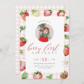 Strawberry Berry First Birthday Photo 招待状 (正面/裏面)