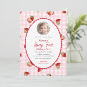 Strawberry-Berry First Girl 1st Birthday Photo 招待状 (スタンド正面)