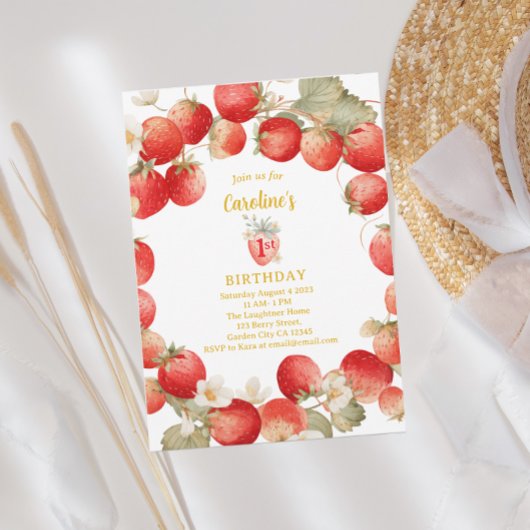 Strawberry Berry First Girls Birthday 招待状