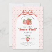Strawberry Berry First Red Bow 1st Birthday 招待状 (正面)