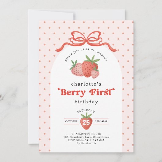 Strawberry Berry First Red Bow 1st Birthday 招待状 (正面)