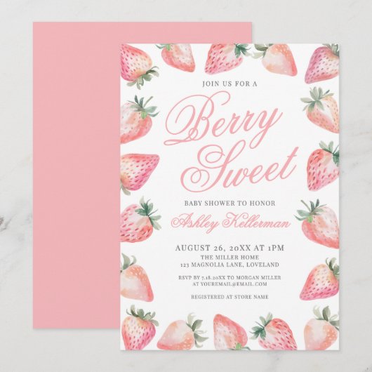 Strawberry Berry Sweet Baby Shower 招待状 (正面/裏面)