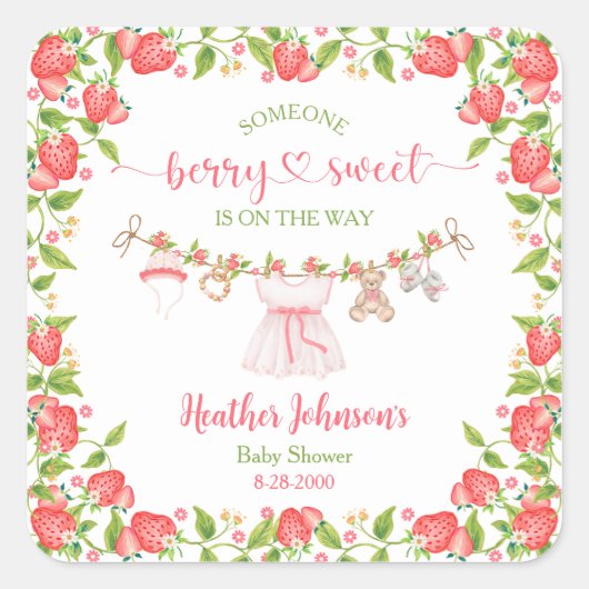 Strawberry Berry Sweet Clothesline Baby Shower  スクエアシール (正面)