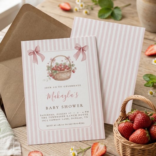 Strawberry Berry Sweet Pink Stripe Bow Baby shower 招待状