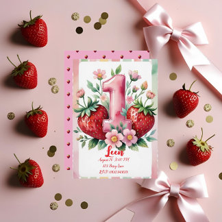 Strawberry Birthday Invitation | Cute Pink Red Gir 招待状