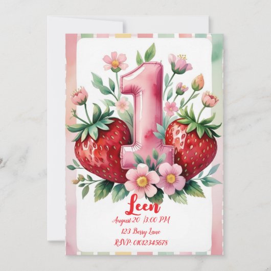 Strawberry Birthday Invitation | Cute Pink Red Gir 招待状 (正面)