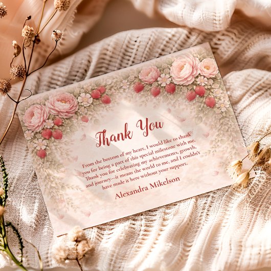 Strawberry Blush Garden Celebration 1st Birthday サンキューカード