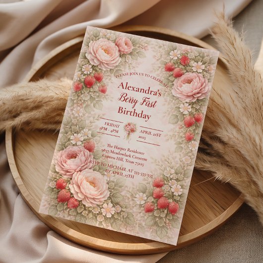 Strawberry Blush Garden Celebration 1st Birthday 招待状