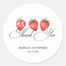 Strawberry Bow 1st Birthday Thank You ラウンドシール