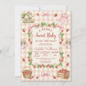 Strawberry bow baby shower First Berry Sweet 招待状 (正面)