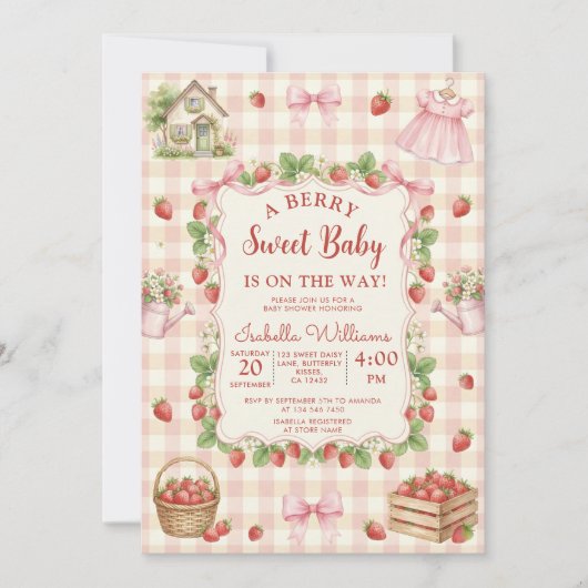 Strawberry bow baby shower First Berry Sweet 招待状 (正面)