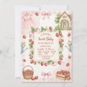 Strawberry bow baby shower First Berry Sweet 招待状 (正面)