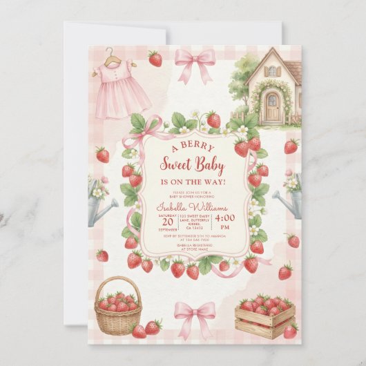 Strawberry bow baby shower First Berry Sweet 招待状 (正面)