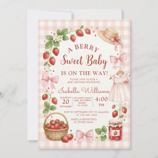 Strawberry bow baby shower First Berry Sweet 招待状 (正面)