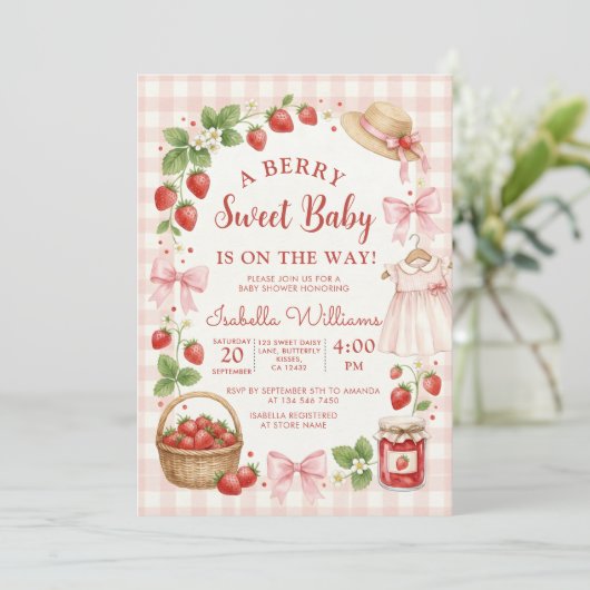 Strawberry bow baby shower First Berry Sweet 招待状 (スタンド正面)
