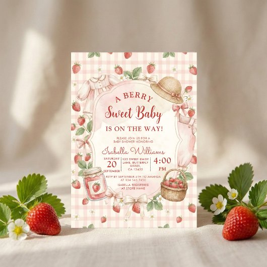 Strawberry bow baby shower First Berry Sweet 招待状