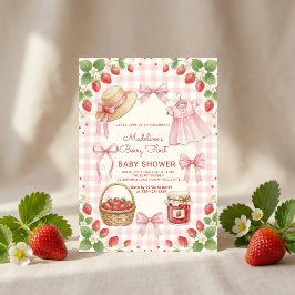 Strawberry bow baby shower First Berry Sweet 招待状