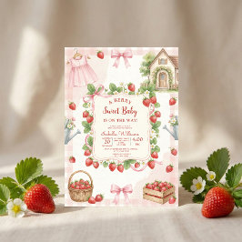 Strawberry bow baby shower First Berry Sweet 招待状